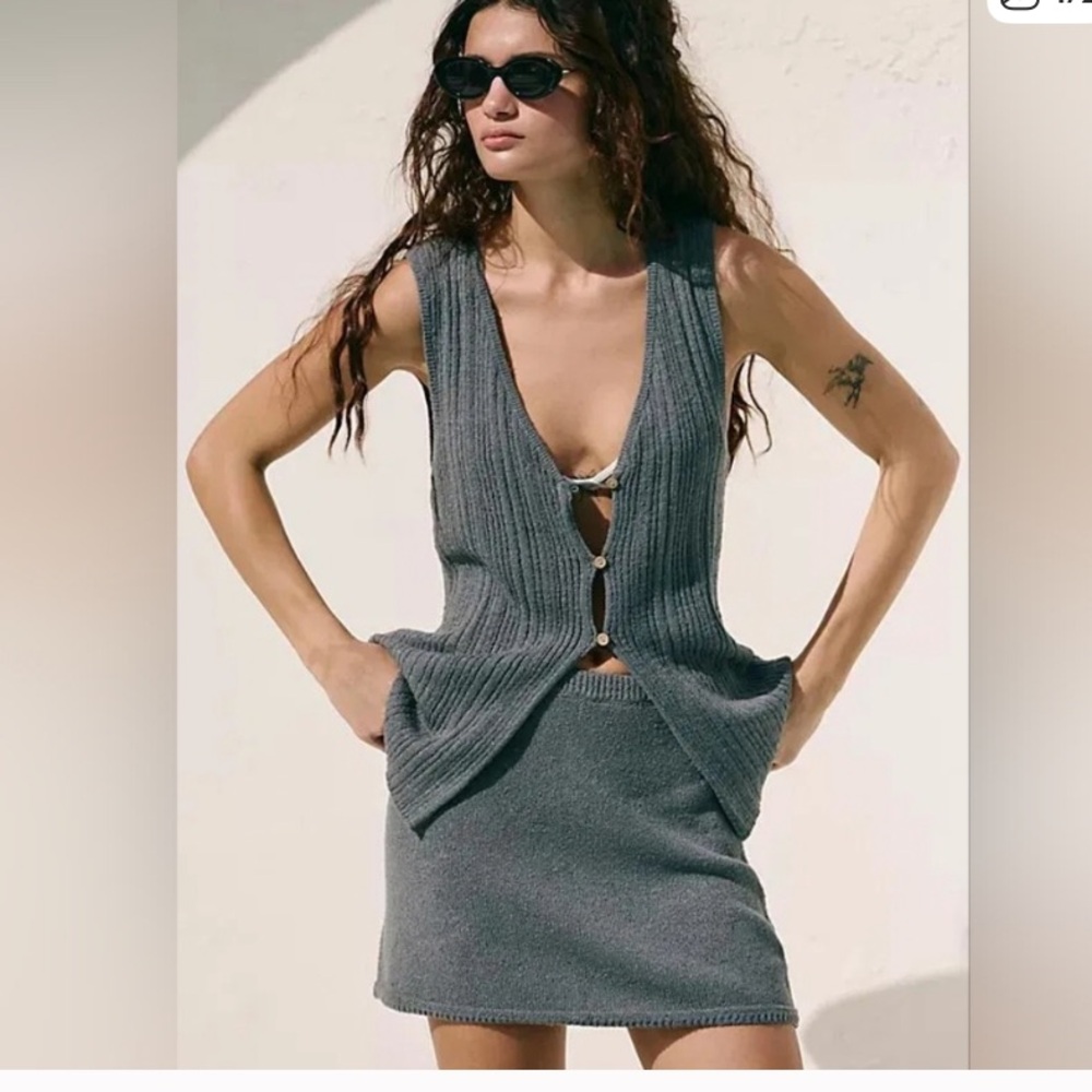 FP beach Free People Rhea Gray Knit Sleeveless Top and Skirt Set XL New
